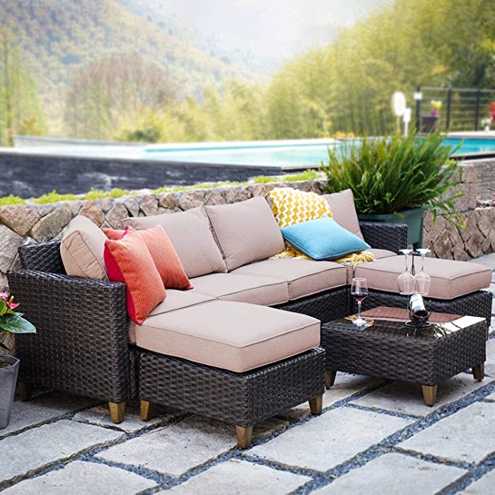 Grand Patio Sofa Sets Outdoor Furniture Sets, PE Rattan Wicker Patio Furniture 7 Piece Sectional Sofa with Thick Cushions for Yard Garden Porch for Six (Beige Sofa Set for Six, 7 PCS)