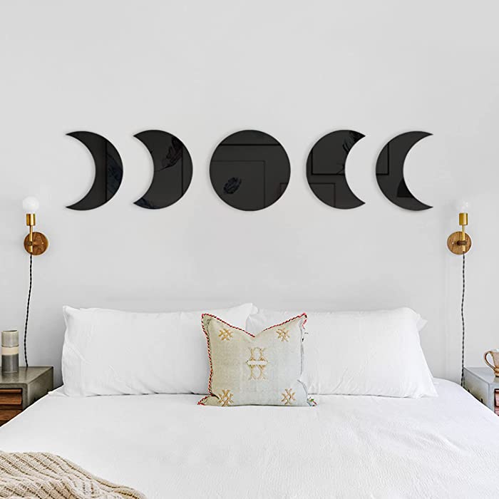 RTMISA Moon Phases Mirror Set Bohemian Decor Scandinavian Natrual Black Wall Decoration Nordic Style Moon Wall Sticker Interior Design for Home Living Bed Room Nursery, Not Real Mirror