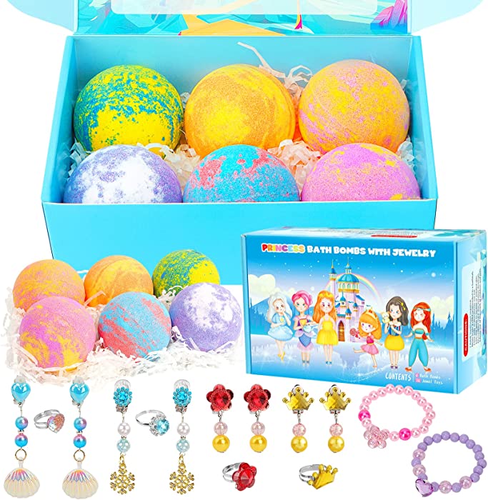 Bath Bombs with Surprise Jewelry Toys Inside - 6 Pack Gentle Organic Kids Bubble Bath Fizzies, Bath Bomb Gift Set for Girls Princess Birthday Christmas Holiday