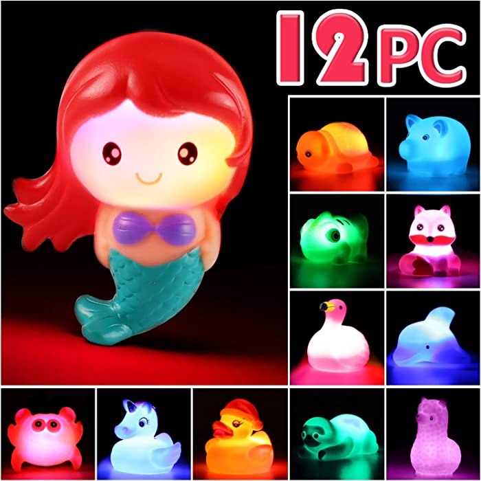 Laxdacee Bath Toy, 12 Pack Light up Animal, Floating Rubber Auto Flashing Color Tub Toys for Bathtub Bathroom Shower Game Swimming Pool Party, Water Toy for Infant Kid Toddler Child Boy Girl