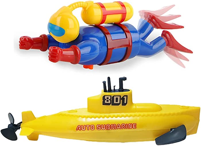 Miracland Wind-up Diver Submarine Bath Toy, Funny Swimming Frogman Pigboat Scuba Diver SUB Bathtub Toy Clockwork Submarine ub Toy Diver Water Toy for Kids (Diver+Yellow Subamrine)