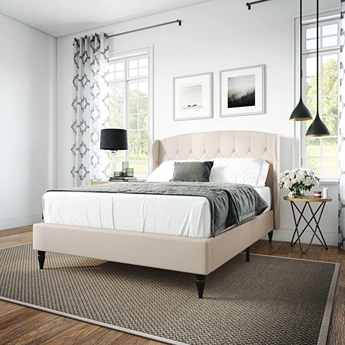 Classic Brands Coventry Upholstered Platform Bed | Headboard and Metal Frame with Wood Slat Support, Full, Linen