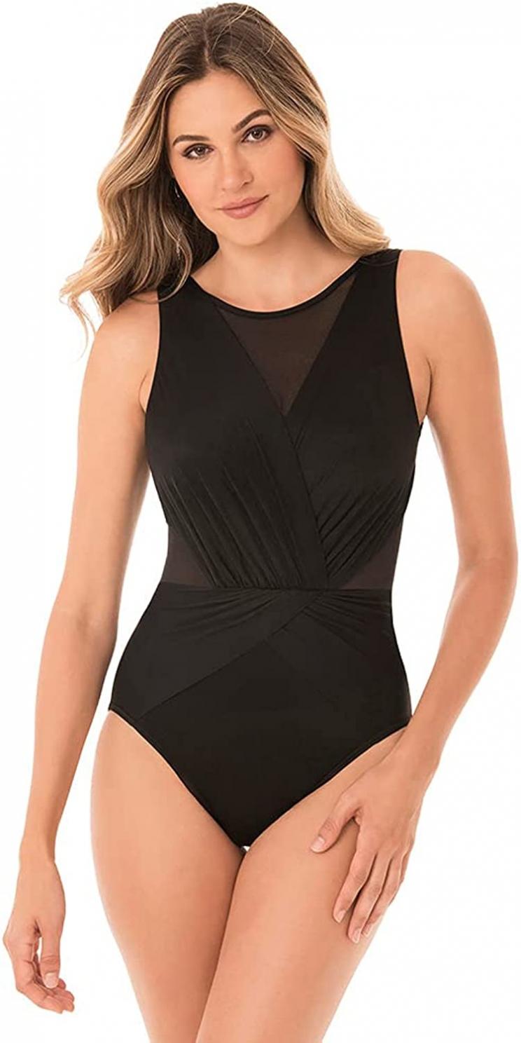 Miraclesuit Women's Swimwear DD-Cup Illusionist Palma Tummy Control High Neckline Soft Cup Mesh One Piece Swimsuit