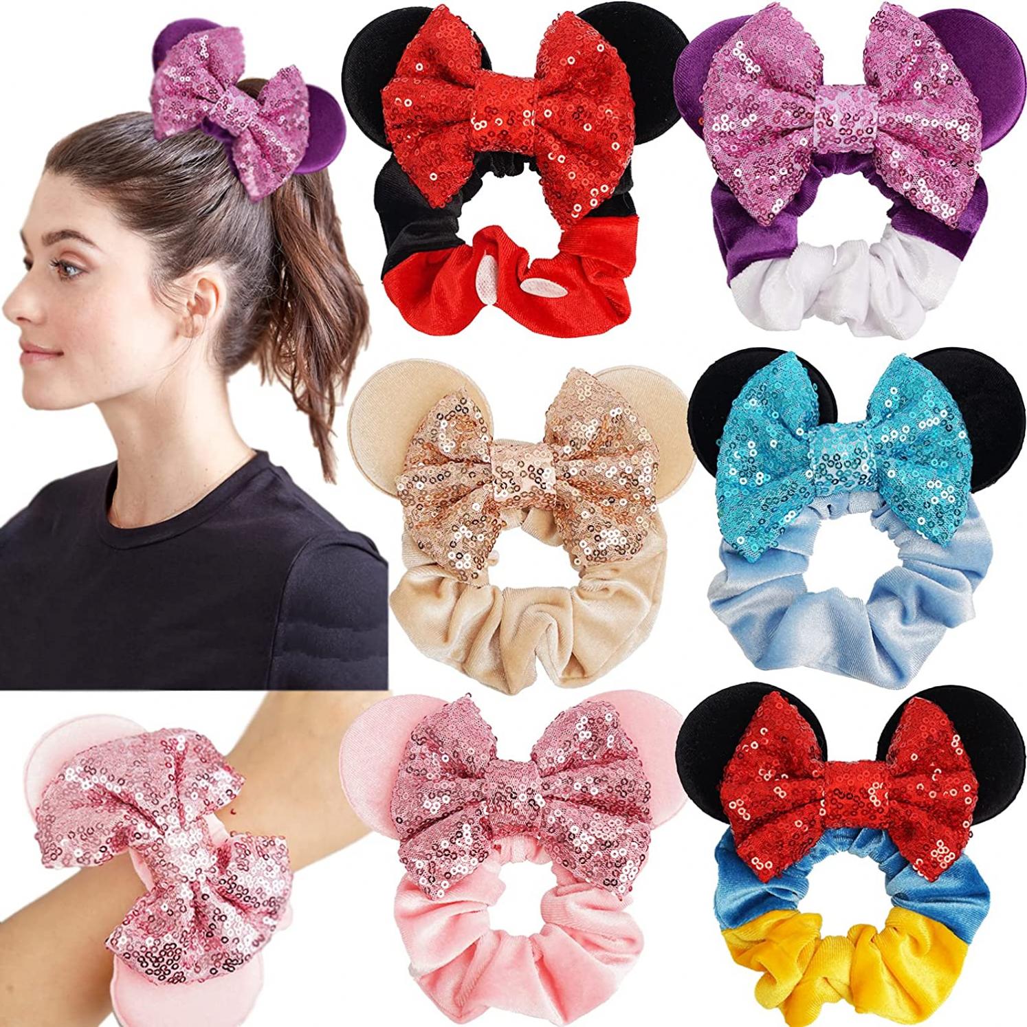6 Pack Mouse Ears Scrunchies Velvet Sparkle Sequin Bows Hair Scrunchies Hair Ties Elastic Rubber Bands Ponytail Holders for Kids Women Girls Adult Christmas Party Decoration （Blue&Red&Purple）