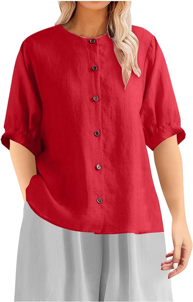 Women Linen Shirts 2024 Plus Size Button Down Solid Color Blouse Tops Dressy Casual Summer Half Sleeve Trendy Clothes