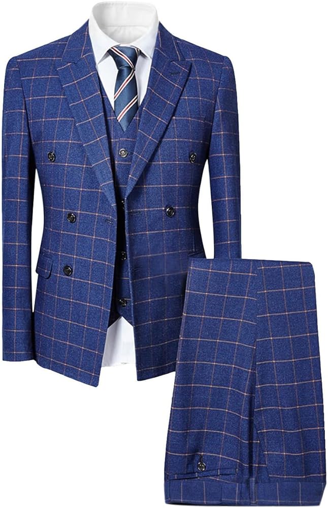 Mens Blue Slim Fit 3 Piece Checked Suits Double Breasted Vintage Fashion
