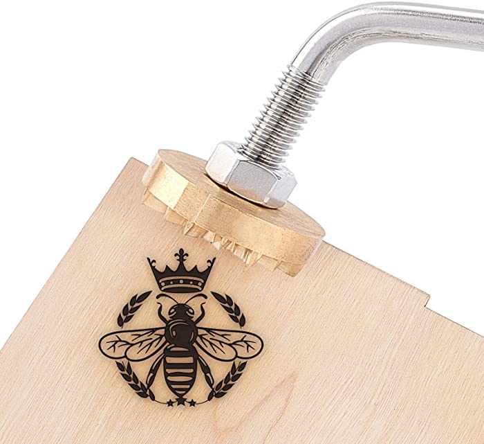 CREATPLANET 1.6" Elbow Wood Branding Iron Crown Bee Pattern BBQ Heat Stamp with Replaceable Brass Head and Wood Handle for Leather Baking Stamping Heated Grilling Tools