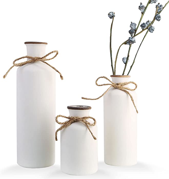 WHJY Modern Farmhouse Vase Decor, Set of 3 White Vases for Decor, Decorative White Vase Centerpiece Accent, Ceramic Vase Set for Farmhouse Living Room, Tabletop Décor