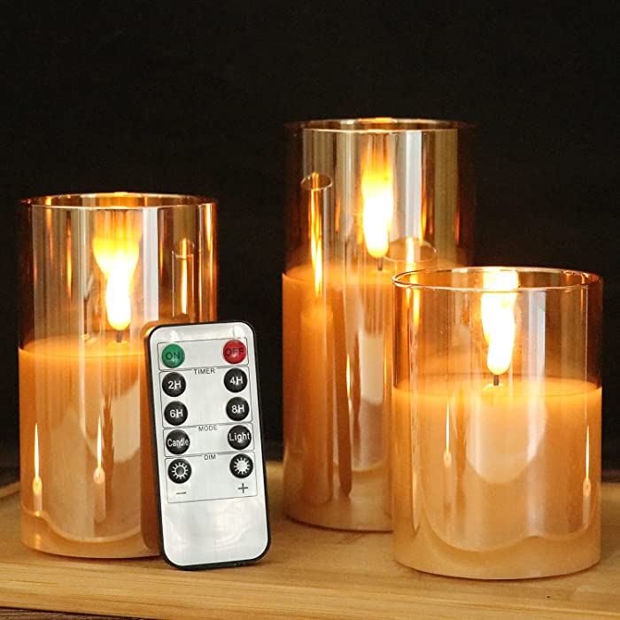 GenSwin Flameless Led Candles Flickering Battery Operated with Remote, Real Wax 3D Wick Moving Pillar Candles with Timer Remote Glass Effect for Festival Wedding Christmas Home Decor(Gold)