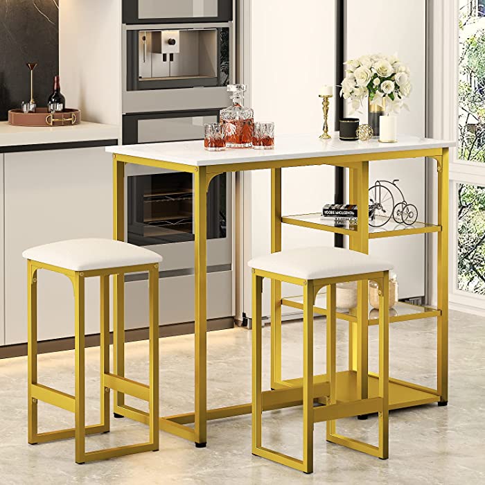 Sha Cerlin 3-Piece Pub Dining Set Counter Height Table for Kitchen, Dining Room with 2 Compact Bar Stools & 3 Storage Shelves, Gold and White