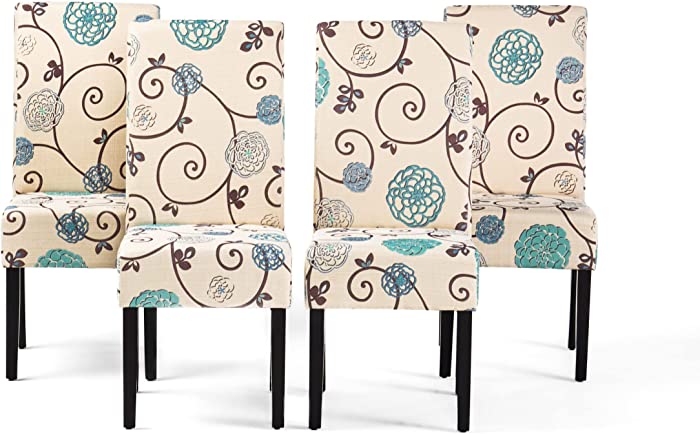 Christopher Knight Home Evangeline Contemporary Fabric Dining Chairs (Set of 4), Light Beige with Blue Floral, Espresso