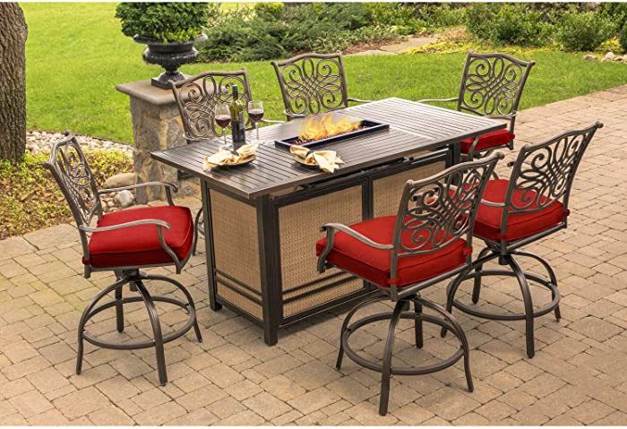 Hanover Traditions 7-Piece High-Dining Set in Red with 30,000 BTU Fire Pit Table, TRAD7PCFPBR-RED Outdoor Furniture