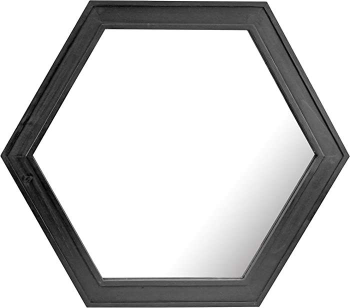 Stonebriar Decorative 24" Hexagon Wall Mirror with Black Painted Wood Frame and Attached Hanging Bracket, 24" x 21"