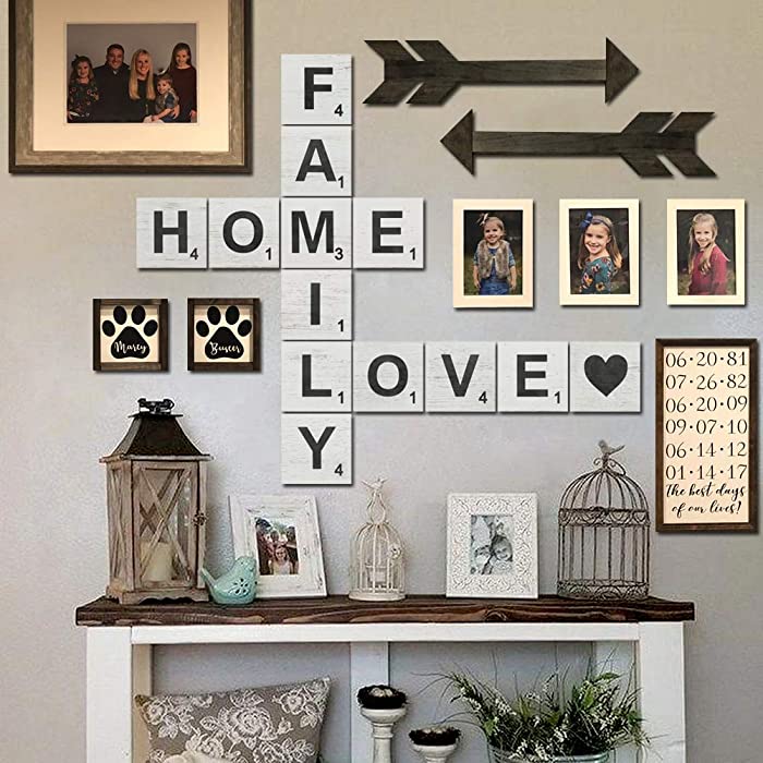 TenXVI Designs Large Rustic Scrabble Wall Decor - Family, Home, Love - Big Decorative Square Wooden Letters for Wall Art, Farmhouse Kitchens, Living Rooms, Bedrooms - 15 Pieces, 5" x 5"