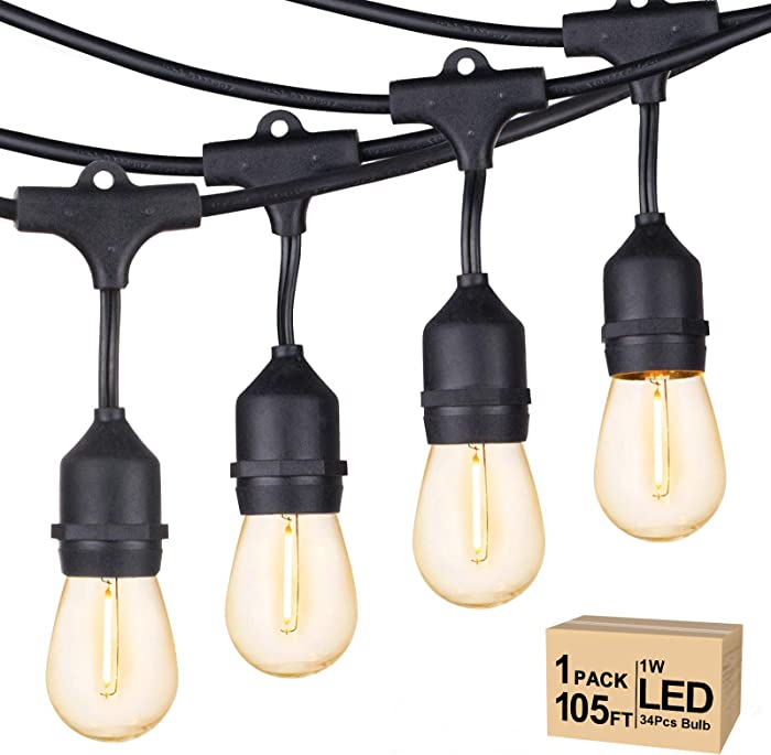 Svater Outdoor String Lights Led, 105FT Commercial Grade Patio Lights with 1W Dimmable S14 Shatterproof Bulbs, Warm White and Weatherproof Strand - UL Listed Heavy-Duty Café Lights, Market Lights
