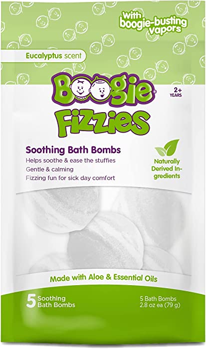 Kids Bath Bombs by The Makers of Boogie Wipes, Boogie Fizzies, Calming Bath Bombs, Naturally Derived, Made with Aloe and Calming Vapors, Eucalyptus, 3 oz, 5 Bath Bombs (Pack of 1)