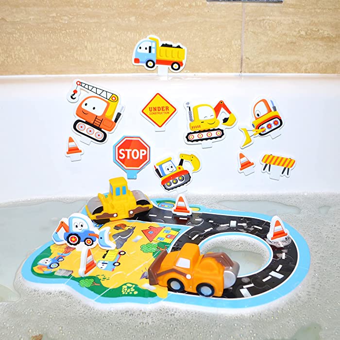 Buddy & Barney Bath Toy - Bath Time Construct & Build Activity Set for 2 3 4 5 6 7 Year Olds | 29 Pieces with Jigsaw, Digger & Bulldozer Water Squirter Toy | Handy Storage Organiser Bag Suction Cups