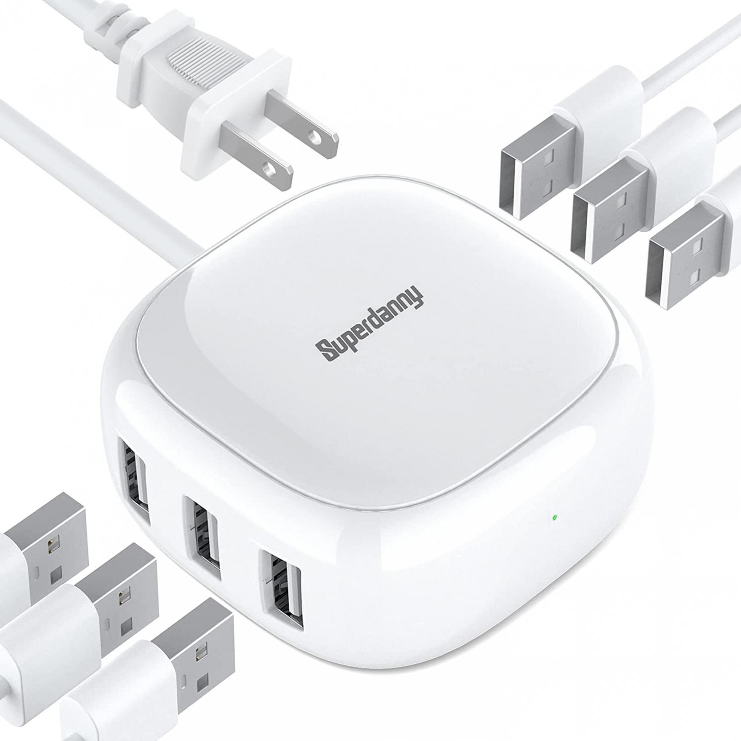 40W Mini USB Charging Station 8A, SUPERDANNY 6-Port Wall Charger for Multiple Devices, Desktop USB Charging Hub with 4ft Cable, Compatible with iPhone, iPad, Galaxy, Pixel, for Travel, Cruise, White