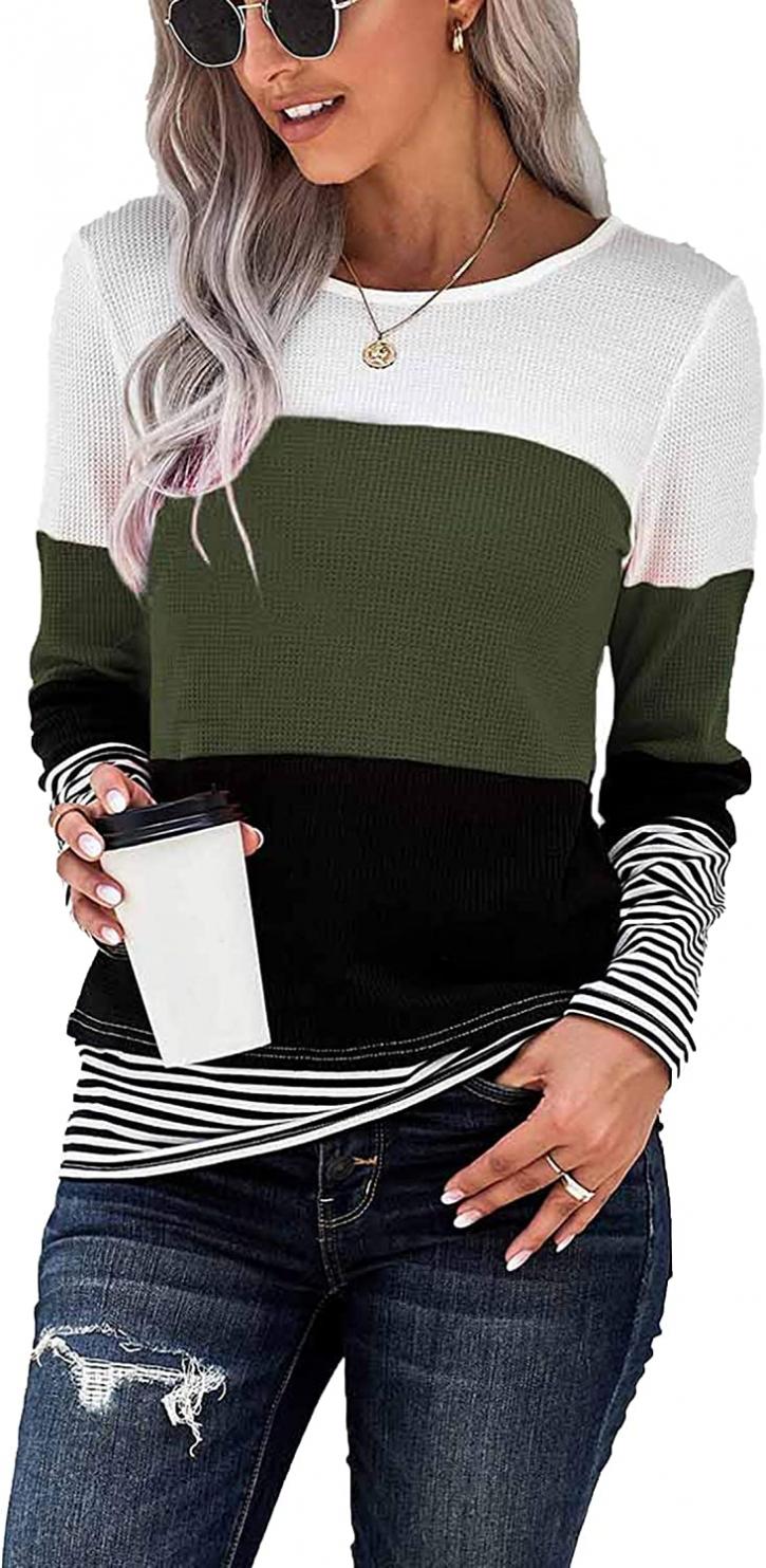 SWEET POISON Womens Lightweight Color Block Shirts Long Sleeve Pullover Tunics Tops(S-2XL)