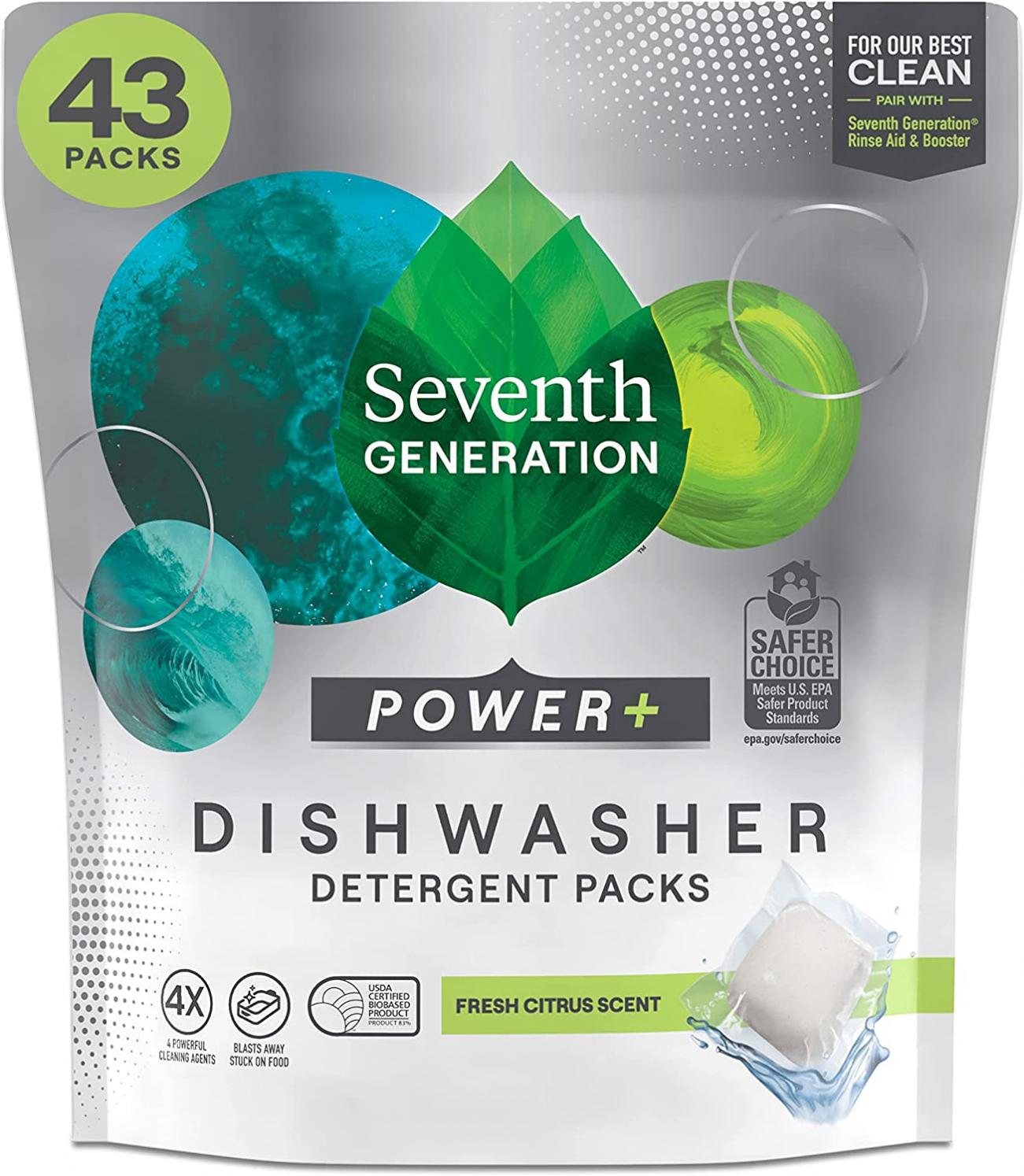 Seventh Generation Power+ Dishwasher Detergent Packs for Sparkling Dishes Fresh Citrus Scent Dishwasher Tabs 43 Count