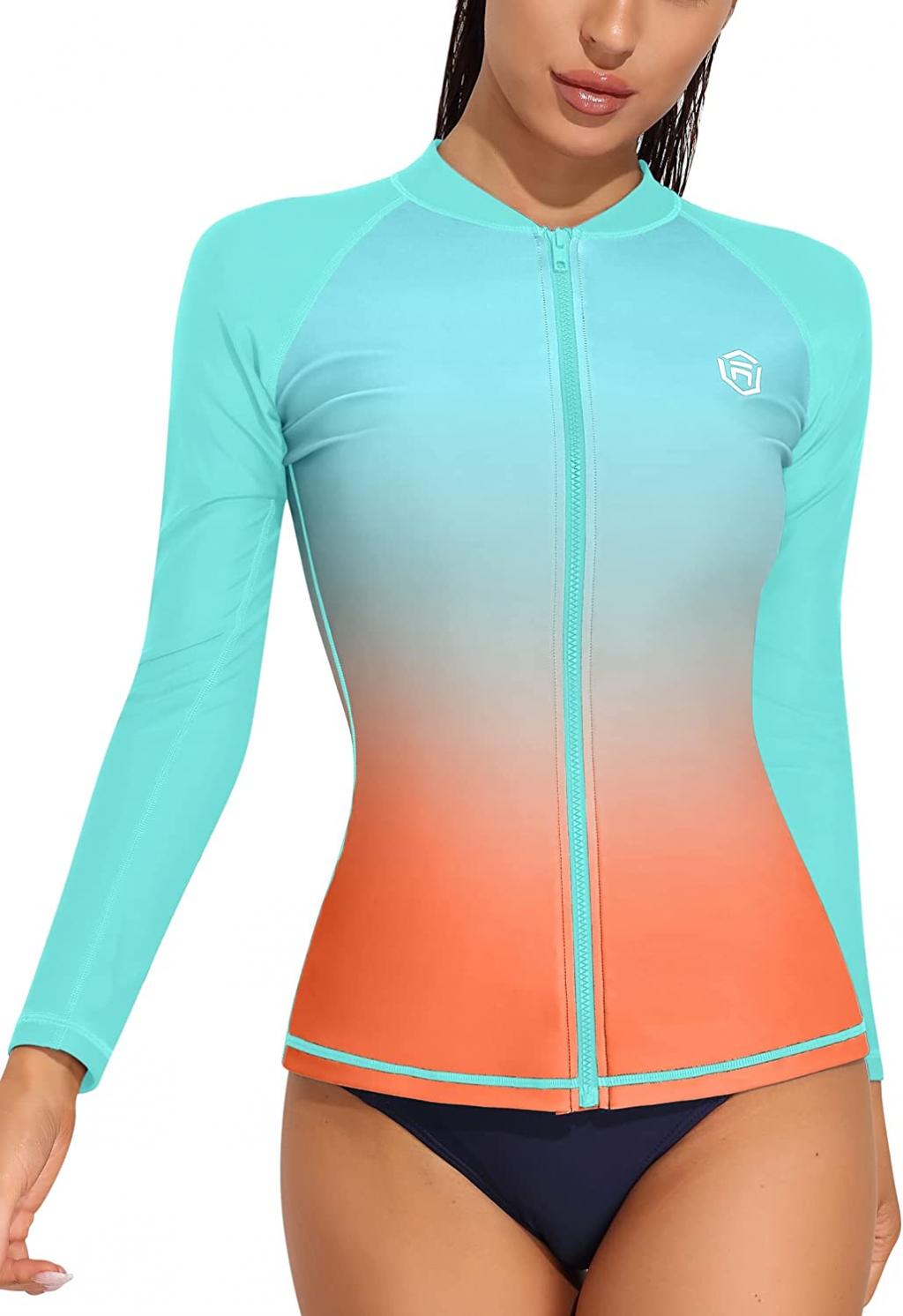 ATTRACO Women's Long Sleeve Rash Guard UV Sun Protection Zipper Gradient Swimsuit Top