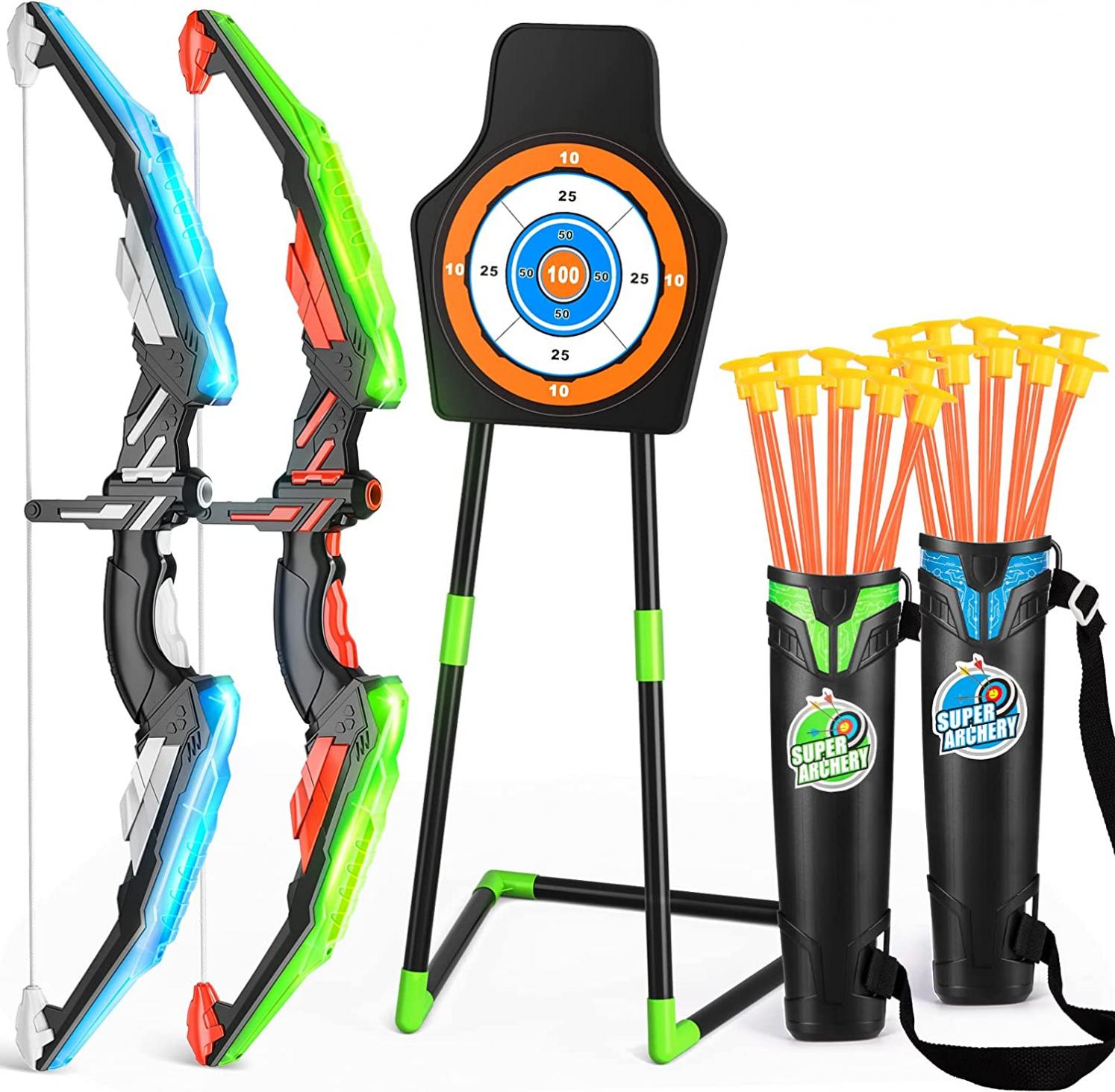 TEMI 2 Pack Bow and Arrow for Kids -Light Up Archery Toy Set -Includes 2 Bows, 20 Suction Cup Arrows & 2 Quivers & Standing Target, Outdoor Toys for Kids Boys Girls