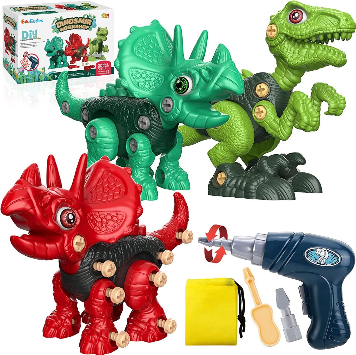 EduCuties Dinosaur Toys for Kids, 3 Pack Take Apart Toys for Boys Girls Age 3-5 4-8, Construction Building Educational STEM Sets with Electric Drill for 3 4 5 6 7 8 Year Old Birthday Gifts