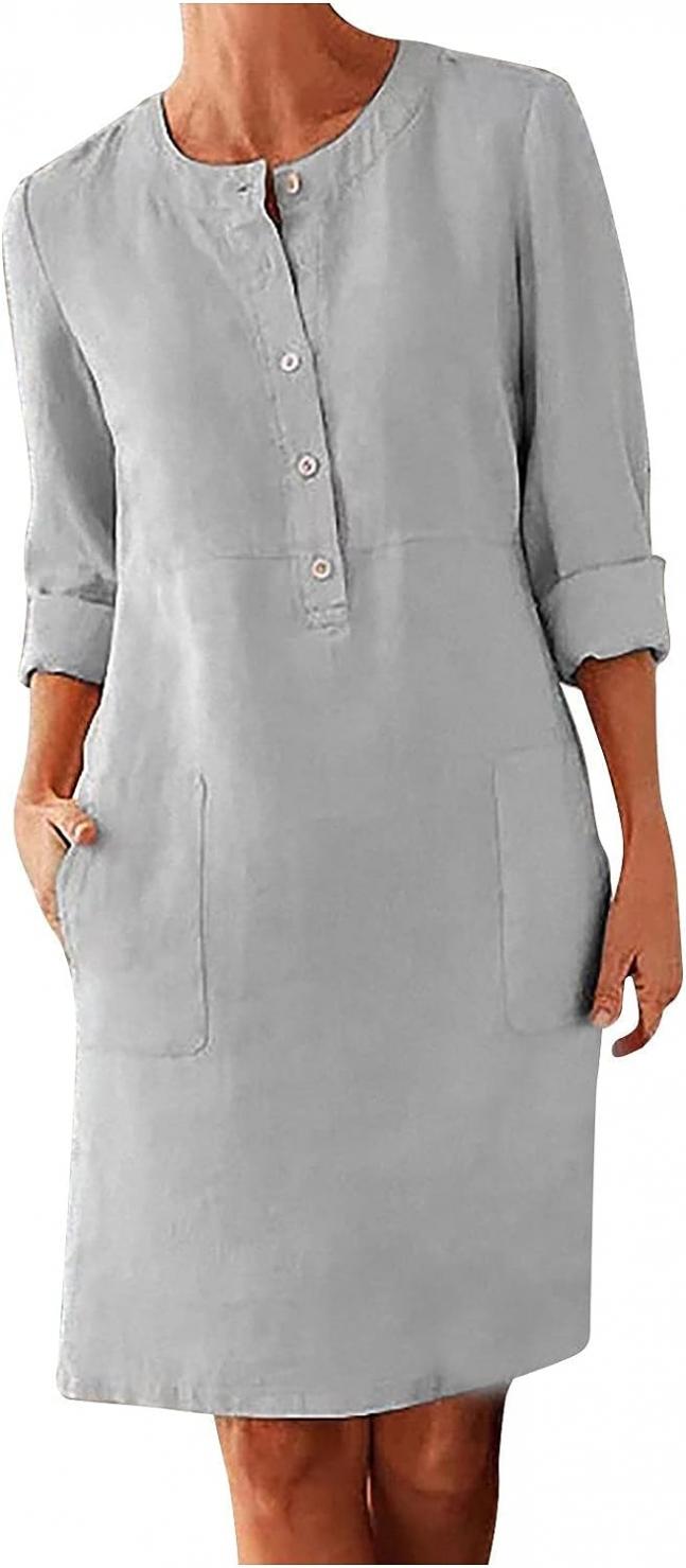 QUFECH Women's Fall Dresses 2022 Fashion Casual Solid Color Button Pocket Long Sleeve Shirt Fall Dress for Women