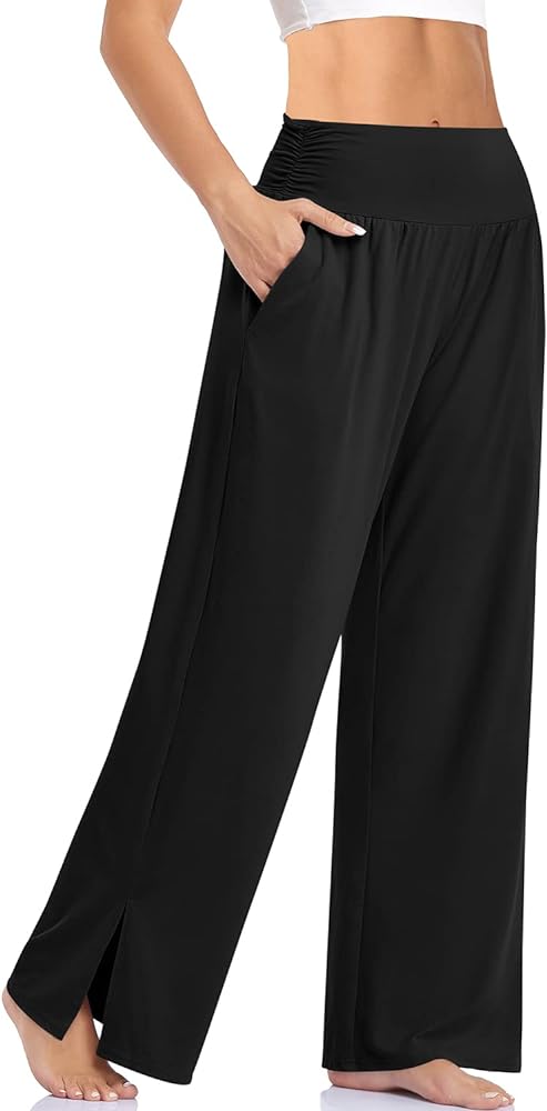UEU Womens Wide Leg Yoga Pants High Waisted Side Slit Joggers Casual Loose Lounge Sweatpants with Pockets- 28" / 18" Inseam