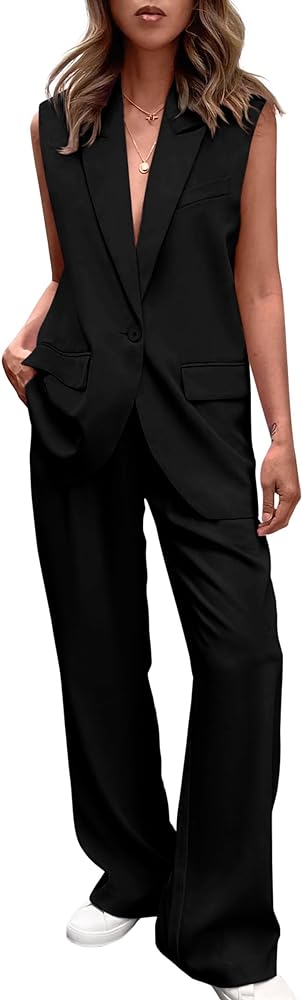 PRETTYGARDEN Womens Sleeveless Suit Vest And Wide Leg Pants Business Casual Blazer Set