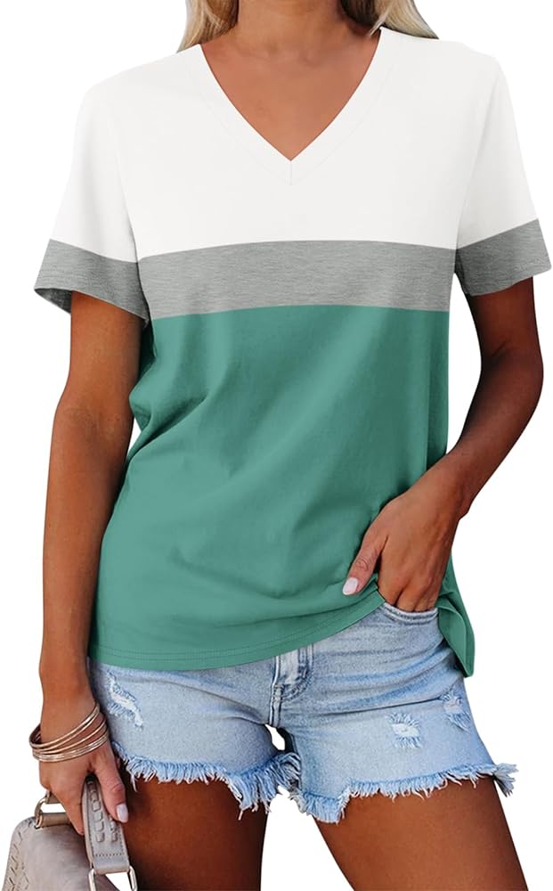 ORANDESIGNE Women's Color Block Short Sleeve T Shirts Casual V Neck Summer Tops Tees Loose Fit Blouses