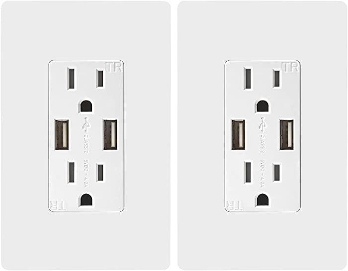 TOPGREENER 4A High Speed USB Wall Outlet, 15A Tamper-Resistant Receptacles, Compatible with iPhone SE/11/XS/XR/X/8, Samsung Galaxy S20/S10/S9/Note, LG, HTC & More, UL Listed, TU2154A, 2 Pack
