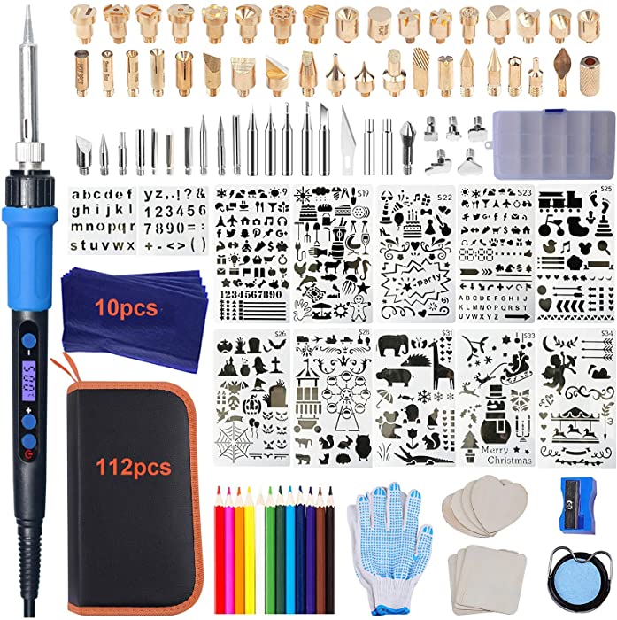 112PCS Calegency Wood Burning Kit-Wood Burning Tool Set with Digital LCD Display Pyrography Pen Adjustable Temperature and Embossing/Carving/Soldering/Engraving Tips for Wooden Crafts