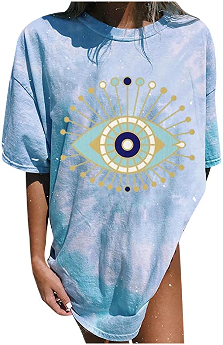 Smooto Basic Blouse Womens Loose Moon Sun Print O-Neck Short Sleeve Casual Workout T-Shirts Loose Tunic Blouse