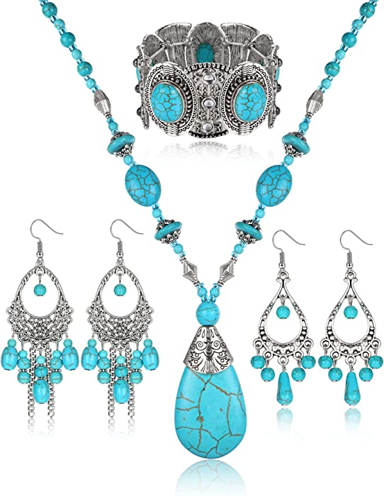 YADOCA 4 Pieces Bohemian Turquoise Jewelry Set for Women Vintage Turquoise Dangle Earrings Turquoise Pendant Necklace Stretchable Turquoise Bracelet Statement Boho Western Jewelry Set