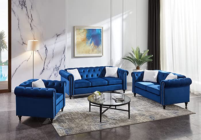 3-Piece Velvet Upholstered Living Room Furniture Set, Including 3-Seater Sofa, Loveseat and Single Sofa Chair with Button and Copper Nail on Arms and Back, Five White Villose Pillows Included, Blue