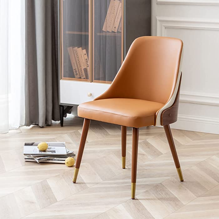 LUNLING Mid Century Modern Dining Chairs Orange Faux Leather Upholstered Chair with Walnut Wood Frame for Kitchen Dining Living Room Chairs