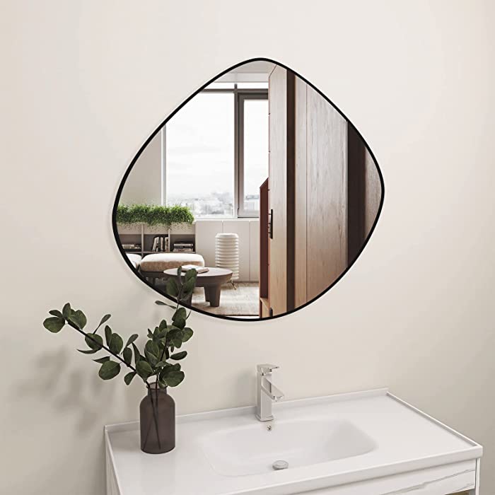 RRG Large Irregular Mirror, Wall Mounted Mirror Black Metal Framed Mirror Wall Decor for Living Room Bedroom Bathroom Entryway Hallway (28.5”x27.5”)