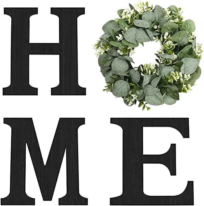 Wood Home Sign with Artificial Eucalyptus Wreath for O, Hanging Farmhouse Wall House Decor - Wood Home Letters for Wall Art Rustic Home Decor, Home Wall Decor for Living Room Kitchen Entryway Housewarming Gift (Black)