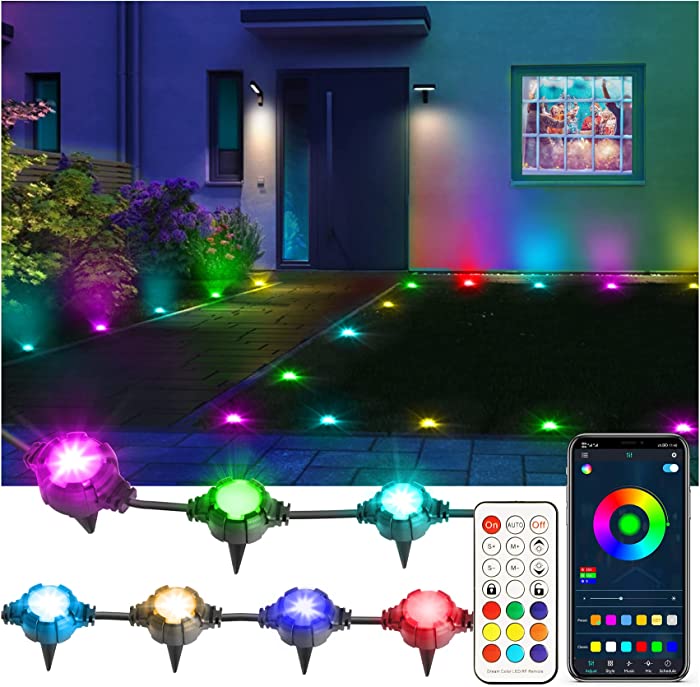 Outdoor Ground Lights, KNONEW 16 Pack 42ft Multicolor RGBW Smart App Walkway Lights, IP67 Waterproof Connectable Pathway Lights , with Remote &Timer & 213 Scene Modes Decor for Patio Lawn Yard Garden