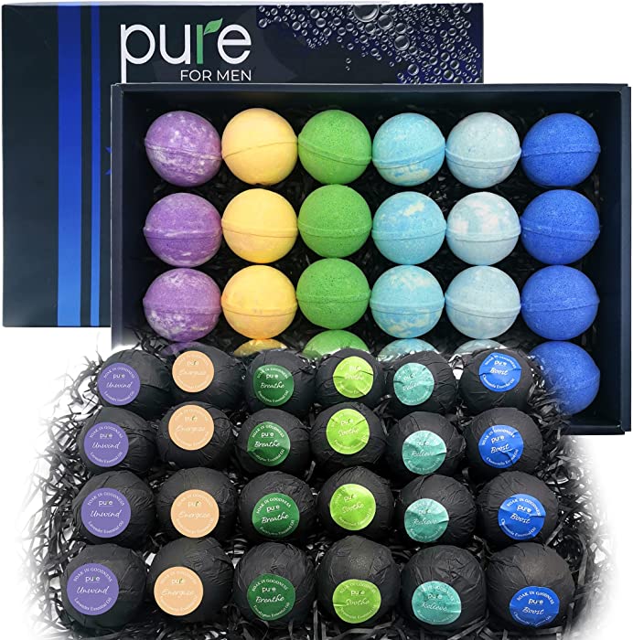 Pure Bath Bomb Gift Set for Men, Pack of 24 Organic Bath Bombs, for Bath & Spa, Great Gift Idea for Your Dad, Husband, Boyfriend, for Special Occasions, Birthdays, Holidays and More