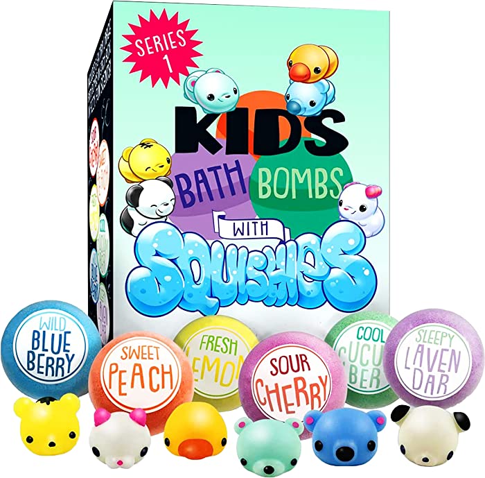 Bath Bombs for Kids, Kids Bath Bomb Surprise Squishy Toys Inside, Bubble Bath Color Fizzies, Natural, Kid Safe, Handmade w Essential Oils, Set of 6 in a Gift Box, Birthday Gift for Girls & Boys