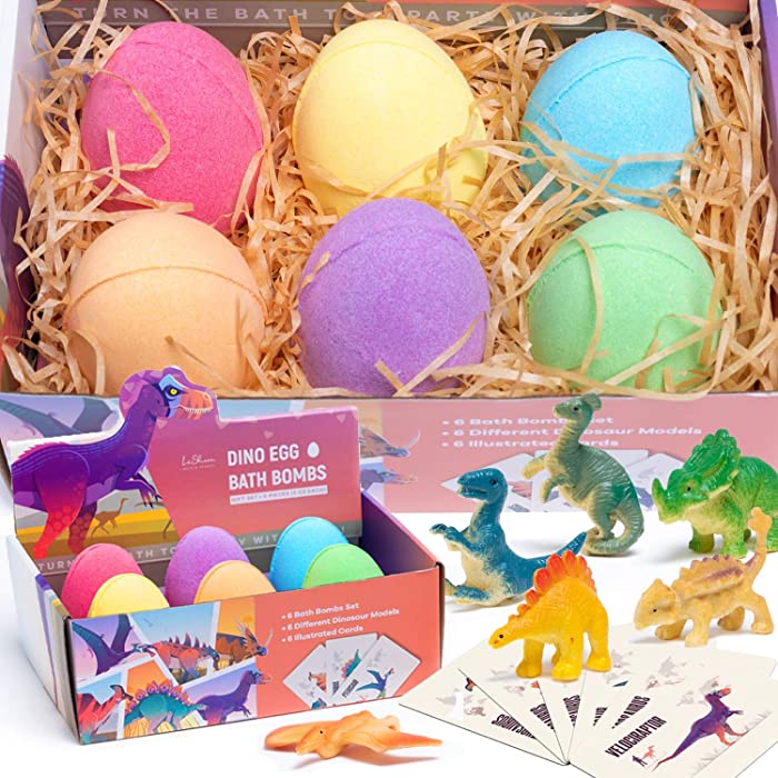 LaShown Bath Bombs for Kids - XXL Dinosaur Toys Bath Bomb Gift Set - Big Dino Egg with Surprise Toys Inside - Fun Educational Fizzy Set - Birthday, Easter, Halloween Day Gifts for Girls and Boys