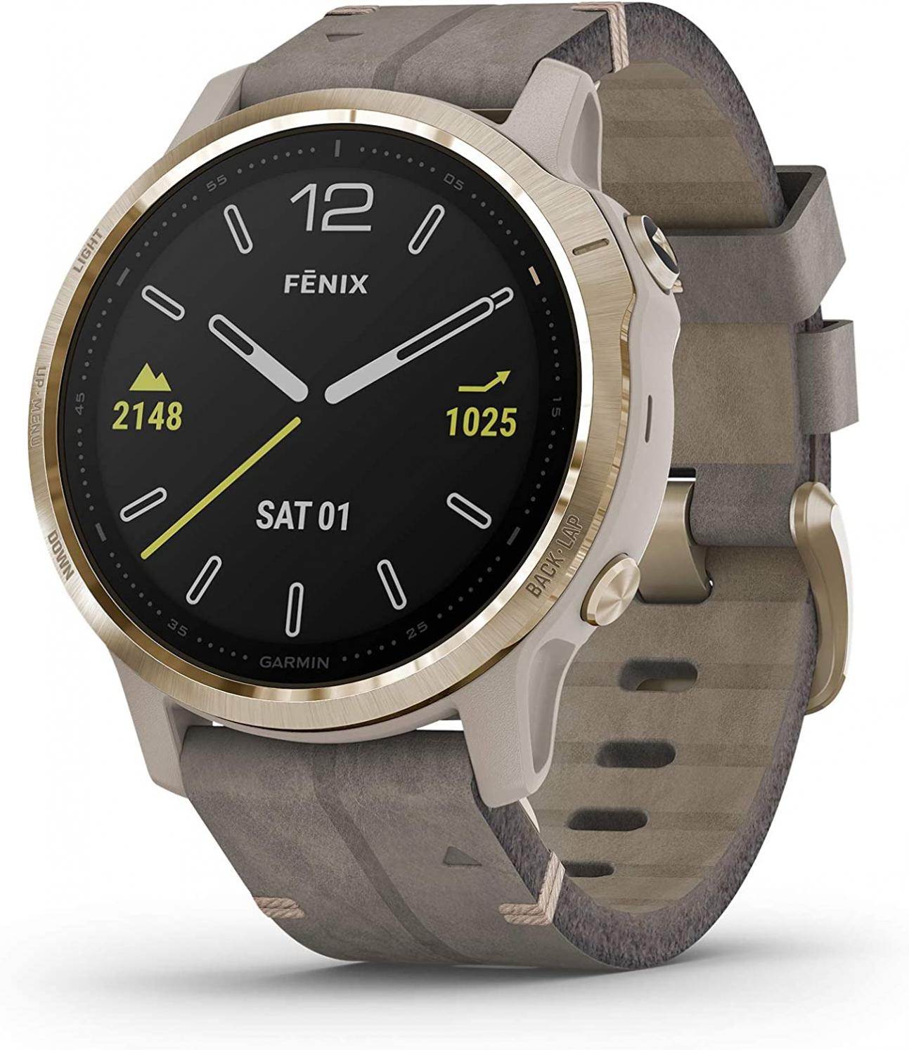 Garmin fenix 6S Sapphire, Premium Multisport GPS Watch, Smaller-Sized, Features Mapping, Music, Grade-Adjusted Pace Guidance and Pulse Ox Sensors, Light Gold with Gray Leather Band