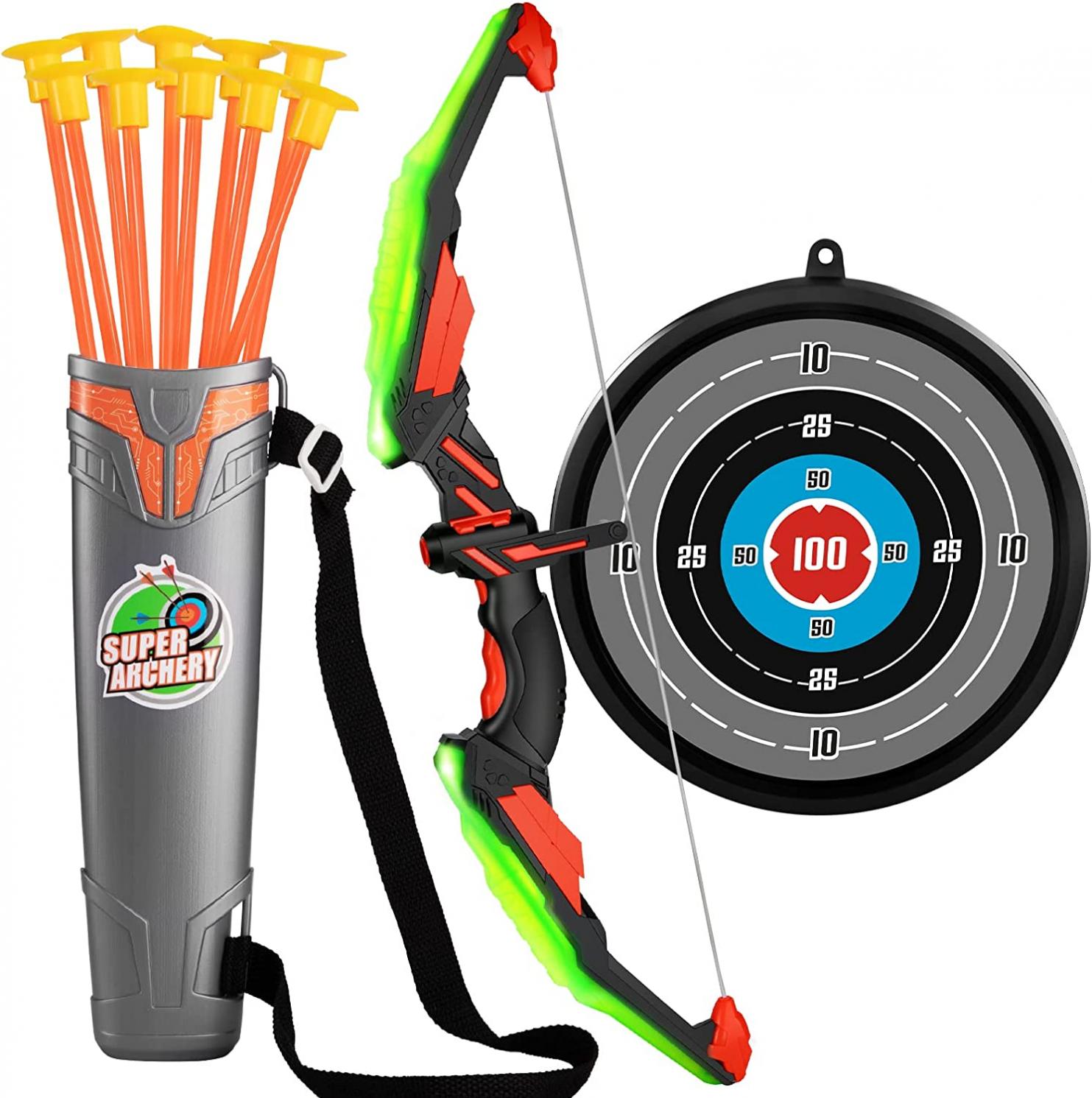 TEMI Kids Bow and Arrow Set - LED Light Up Archery Toy Set with 10 Suction Cup Arrows, Target & Quiver, Indoor and Outdoor Toys for Children Boys Girls