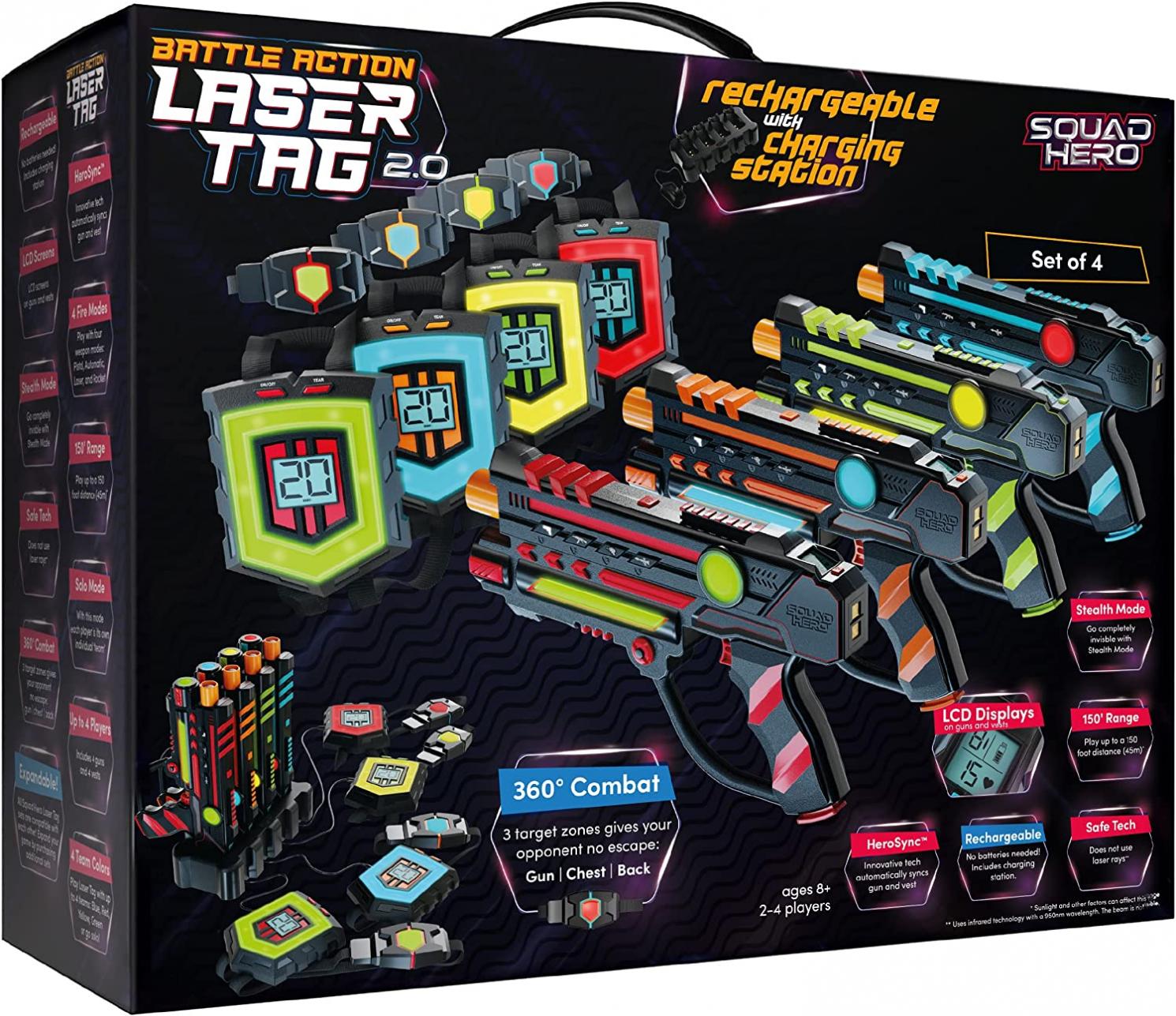 Squad Hero Rechargeable Laser Tag 360° Sensors + LCDs, 4 Set - Gift Ideas for Kids Teens and Adults Boys & Girls Family Fun - Cool Teenage Christmas Group Activity - Teen Gifts Ages 8+ Year Old Boy