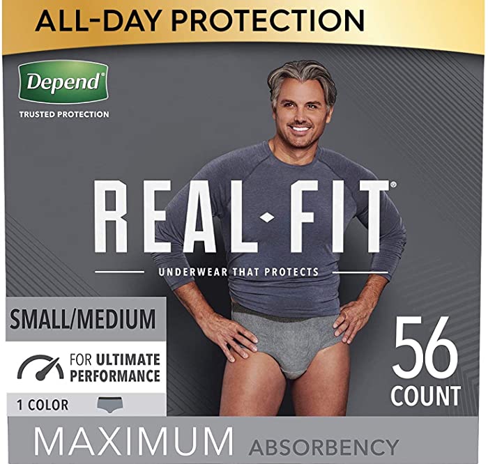 Depend Real Fit Incontinence Underwear for Men, Maximum Absorbency, Disposable, Small/Medium, Grey, 56 Count (Packaging May Vary)
