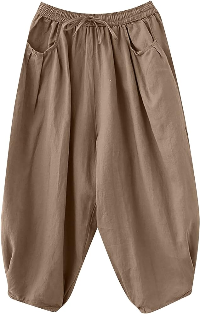 Ceboyel Womens Cotton Linen Harem Pants Drawstring Elastic Waist Summer Trouser Casual Baggy Pants Boho Beach Clothes 2023