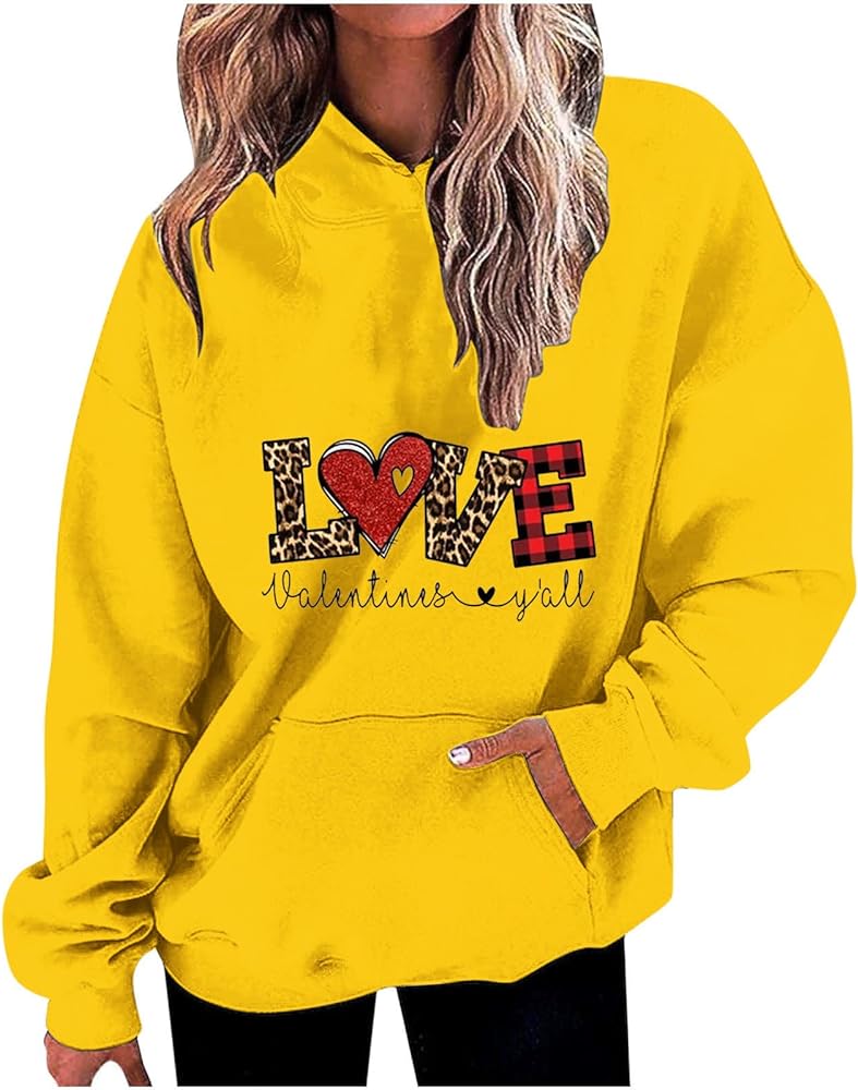 Valentines Day Sweatshirts for Women Leopard Love Prined Oversized Hoodies Valentines Love You Sweater Tops