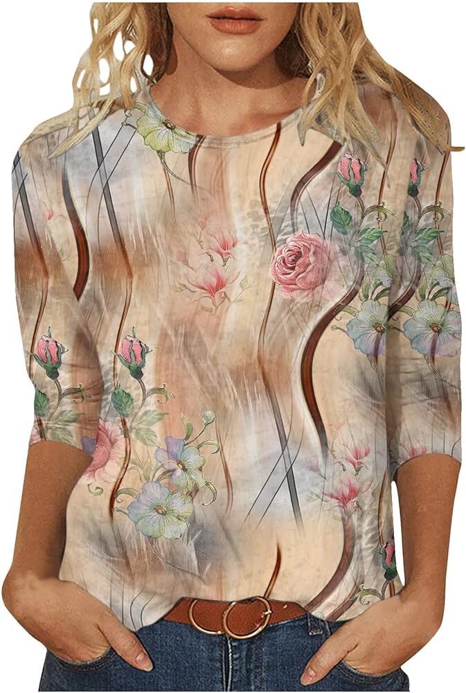 SMIDOW Women Blouses and Tops Fashion 2023 3/4 Sleeve Crewneck Pullover Shirts Casual Vintage Floral Graphic Tees Blouse